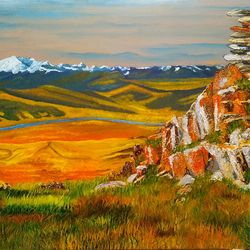 Mountain Landscape Art Original Oil Painting 23*37inch Field Grass Painting Wall Art