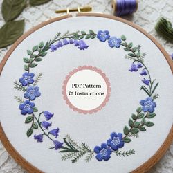 bluebells and periwinkles wreath hand embroidery pdf pattern, spring florals embroidery diy, botanical wreath stitching