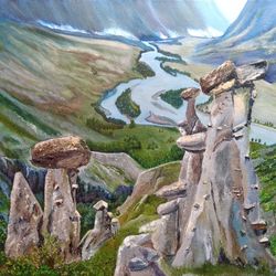 Mountain Art Original Oil Painting 27*35 inch Wall Art Stone Statues Painting