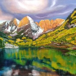 mountain art original oil painting 19*27 inch forest lake painting artwork