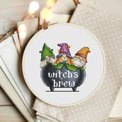 witch brew cross stitch, gnomes cross stitch pattern, witch cauldron cross stitch chart, halloween cross stitch, pdf