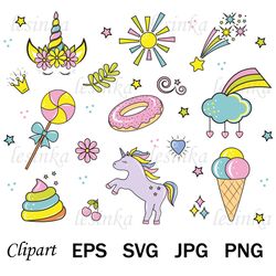 Clipart with cute unicorns and rainbows, svg file cutting
