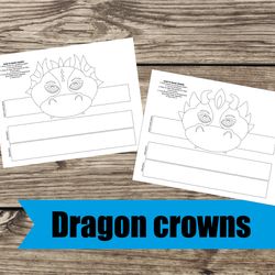 Dragon crown, Dragon birthday crown, Dragon colouring, crown, coloring crown, dragon party mask, Printable crown, print