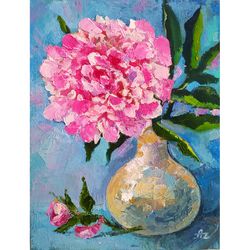 Peony Painting Flower Original Art Oil on canvas Still life Pink Peony Wall Art by PaintingsDollsByZoe