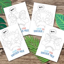 Dino masks, coloring dino masks, colouring dino activity, Dino party activity, printable activity, colour your Dino