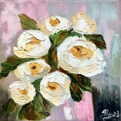 White Roses Painting Original Artwork Oil Painting on Canvas White Flowers Art Floral Original Painting Small Painting