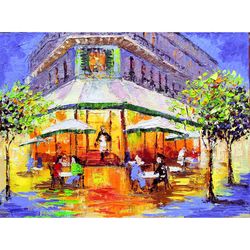 Paris Painting France Cityscape Original Artwork Paris Cafe "Les Deux Magots" Oil Painting on Canvas by 12x16 inch