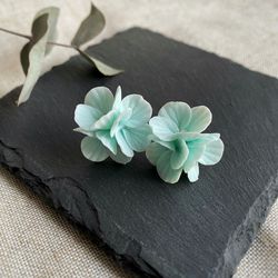 Hydrangea studs earrings, Mint hydrangea flower jewelry