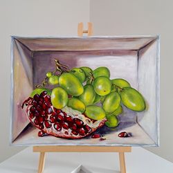 Fruits Original Oil Painting, Pomegranate Art, Grapes Painting , Kitchen Wall Decor