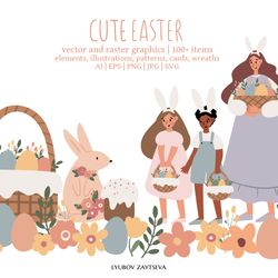 Happy Easter clipart, Cute bunny rabbit illustration card, Childrens egg hunts clip art, Easter basket pictures
