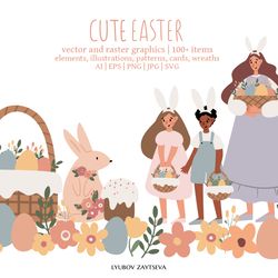 happy easter clipart, cute bunny rabbit illustration card, childrens egg hunts clip art, easter basket pictures