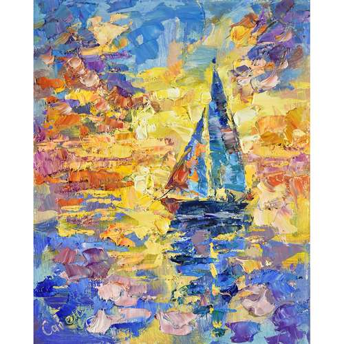 Seascape Painting Sailboat Sunset Landscape Original Oil Artwork Sea Sky Nature Art Small Impressionism