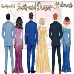 wedding clipart: "suits and dresses" best man clipart groomsman clipart bridesmaid clipart wedding dress men in suit sub