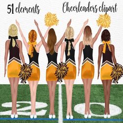 cheerleaders clipart: "girls clipart" black orange uniform best friends sports team clipart planner girls png custom hai
