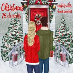 Christmas Couples Clipart: "CUSTOM COUPLES" Christmas landscape Christmas Mug Xmas sublimation Watercolor People Winter
