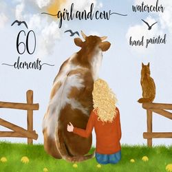 Girl with Cow clipart: "COW CLIPART" Cow sitting Girl hugging Cow Cows Lovers Gift Customizable clipart Cow sublimation