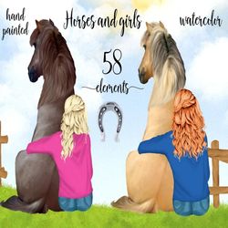 Girl with Horse clipart: "HORSES CLIPART" Horse sitting Girl hugging Horse Horse Lovers Gift Customizable clipart Horse