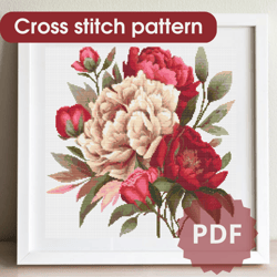 Peony bouquet, cross stitch pattern, flower cross stitch chart, PDF printable pattern