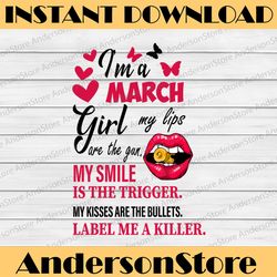 I'm A March Girl My Lips Are The Gun Png, Funny Birthday Gift, Sublimated Printing INSTANT DOWNLOAD / PNG Printable