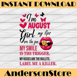 I'm August Girl My Lips Are The Gun Png, Funny Birthday Gift, Sublimated Printing INSTANT DOWNLOAD / PNG Printable