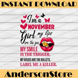 I'm A November Girl My Lips Are The Gun Png, Funny Birthday Gift, Sublimated Printing INSTANT DOWNLOAD PNG Printable
