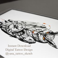 Compass And Owl Tattoo Design Owl Tattoo Sketch Owl Tattoo Ideas, Instant download PDF, JPG, PNG