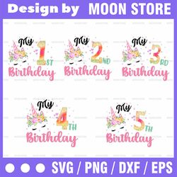 unicorn birthday bundle png, unicorn birthday girl png, birthday numbers with unicorn face printable, 1st birthday subli