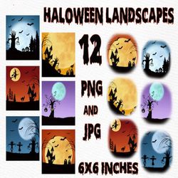 Halloween background: "HALLOWEEN LANDSCAPE" Autumn landscapes Mug Design Diy Haloween card Mug templates Spooky scary ar