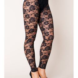 Black Lace Leggings Womens Floral Ankle Lace Tights 80s Mesh Pants see trought
