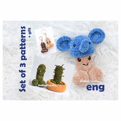 crochet dick pattern set of 3, penis cactus, dick amigurumi keychain, penis plush in elephant hat Bachelorette gift idea