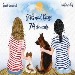 best friends clipart: "dogs clipart" girl with dog dog lover clipart dog mom clipart pet clipart watercolor girls custom