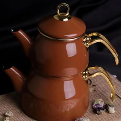 Brown Teapot Set / Turkish Tea Pot Set, Turkish Samovar Tea Maker, Tea Kettle for Loose Leaf Tea, Checkered Tea