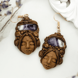 Goddess earrings with amethyst stone. Polymer clay jewelry. Boho earrings.