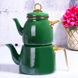green teapot set / turkish tea pot set, turkish samovar tea maker, tea kettle for loose leaf tea, checkered tea