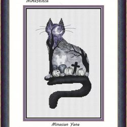 Cat Cross Stitch Pattern, Cat Silhouette Cross Stitch Chart, Graveyard Cross Stitch, Cat Ghost Cross Stitch, Digital PDF