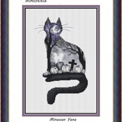 cat cross stitch pattern, cat silhouette cross stitch chart, graveyard cross stitch, cat ghost cross stitch, digital pdf