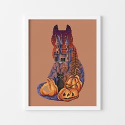 mystical castle cross stitch pattern, halloween cross stitch chart, cat cross stitch pdf, pumpkin cross stitch, pdf file
