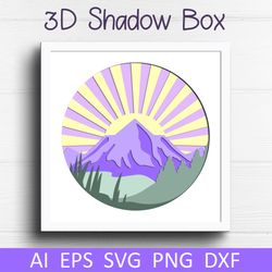 Shadow box template with mountain svg, 3d papercut layered outdoor scene for cricut