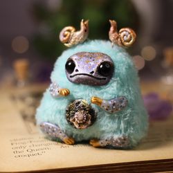 Toad art handmade miniature doll, Plush fluffy blue cute frog, toy for gift