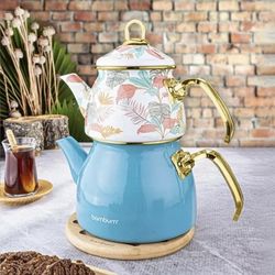 Blue Teapot Set / Turkish Tea Pot Set, Turkish Samovar Tea Maker, Tea Kettle for Loose Leaf Tea,