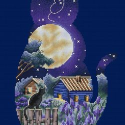 summer village cross stitch pattern, cat cross stitch chart, ladnscape cross stitch pdf, cute cross stitch, pdf file