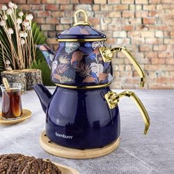 Navy Blue Teapot Set / Turkish Tea Pot Set, Turkish Samovar Tea Maker, Tea Kettle for Loose Leaf Tea,
