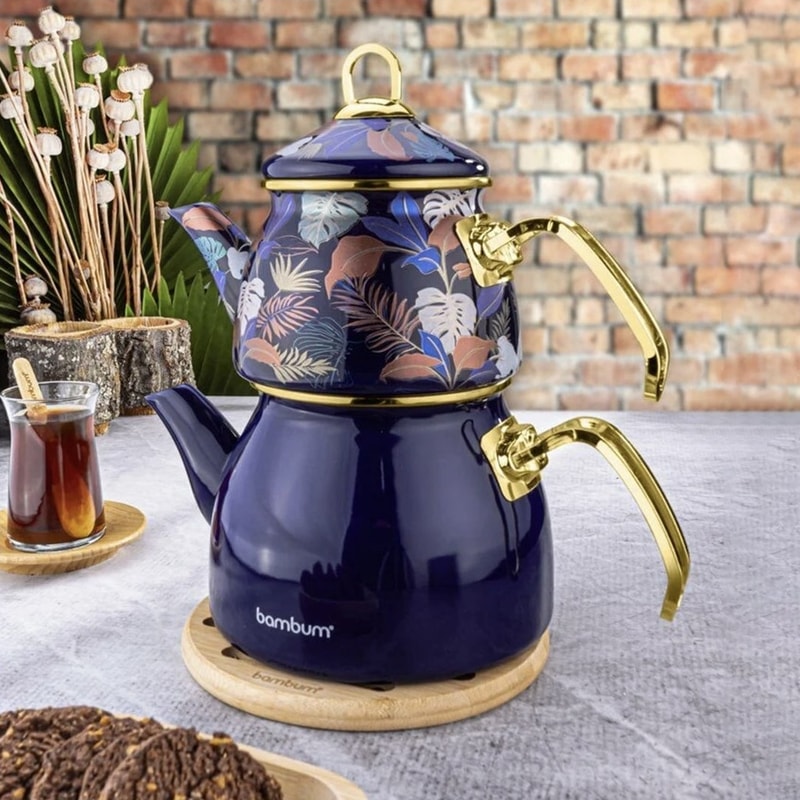 Turkish Teapot Blue Enamel Tea Kettle Bright Cobalt Blue Enamel