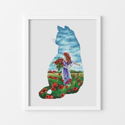 poppies field cross stitch pattern, cat cross stitch chart, girl cross stitch pdf, flowers cross stitch, digital pdf