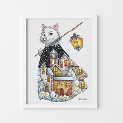 Christmas Town Cross Stitch Pattern, Cat Cross Stitch Chart, Chistmas Cross Stitch, Snowly Town Cross Stitch, PDF File