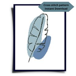 Leaf and blue ovals cross stitch pattern, Modern cross stitch pattern, one line drawing embroidery, Instant download