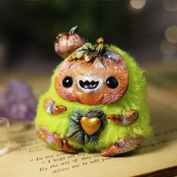 pumpkin art doll creepy, fluffy monster handmade toy, plush pumpkin ooak gift for halloween