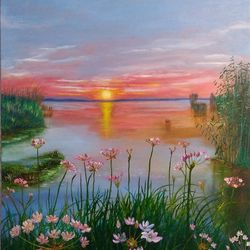 sunset painting sunset sky art 27*31 inch artwork lake in the forest oil painting