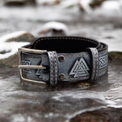 Belt with Valknut Symbol. Norse Pagan leather belt