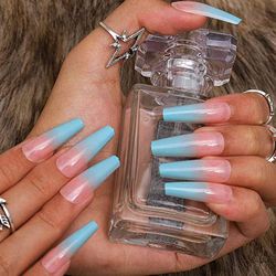 Ombre acrylic press on nails kit coffin baby blue long false nail tils